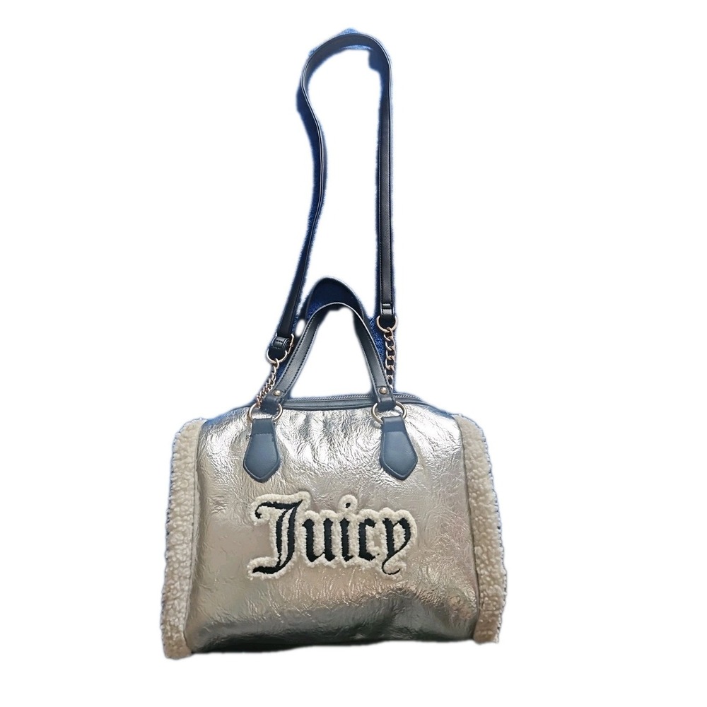Juicy Couture Silver Shear Genius Satchel Sherpa Purse Bag Handbag